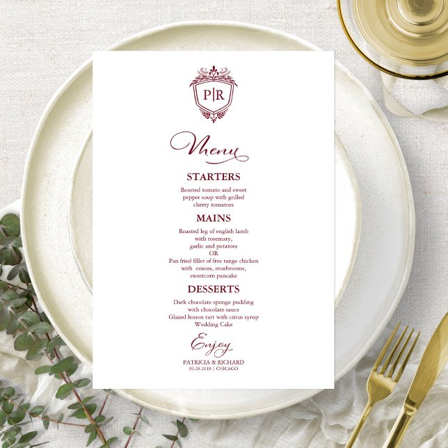 Elegant Monogram Bröllop Menu-kort Burgundy Meny (Skapare uppladdad)