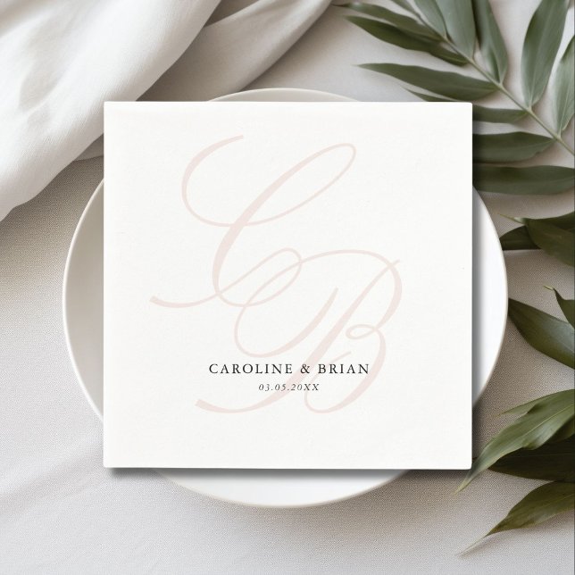 Elegant, Monogram, Bröllop Pappersservett (Elegant, Monogram, Wedding Napkins, script font, white & blush.)