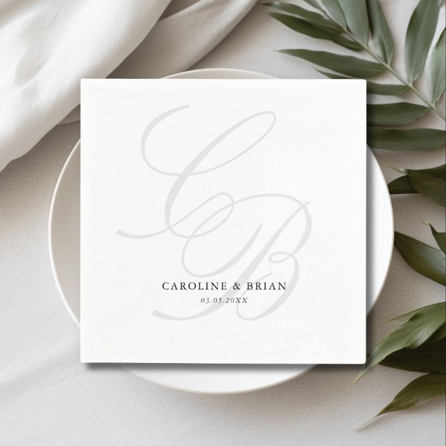 Elegant, Monogram, Bröllop Pappersservett (Elegant, Monogram, Wedding Napkins, script font, grey & white.)
