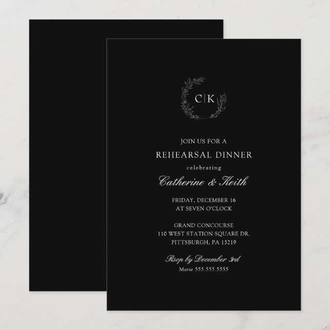 Elegant Monogram Bröllop Rehearsal Dinner Invati Inbjudningar (Fram/baksida)