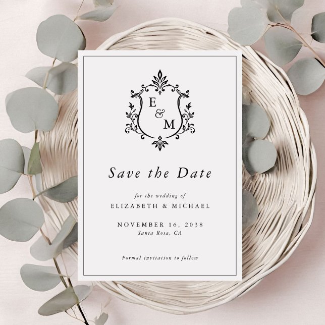 Elegant monogram bröllop spara datumet (Elegant Crest Monogram Wedding Save The Date)