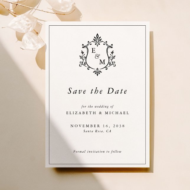 Elegant monogram bröllop spara datumet (Elegant Crest Monogram Wedding Save The Date)