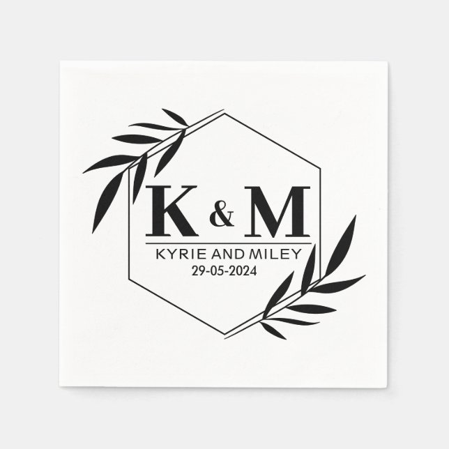 elegant monogram bröllop svart och vitt pappersservett (Framsidan)