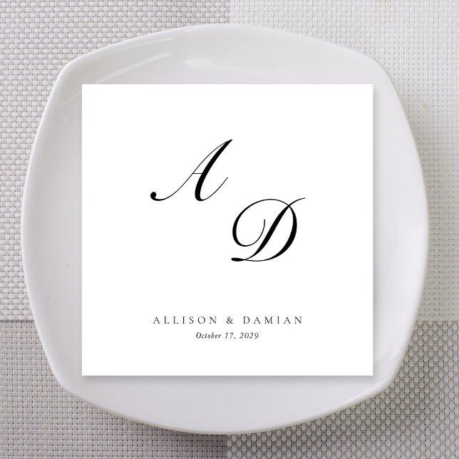 Elegant Monogram Bröllopsskrift Pappersservett (Sleek script monogram wedding napkins with names and date)