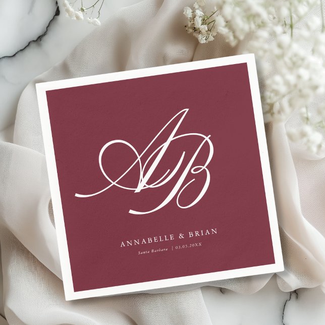 Elegant Monogram Burgunder Röd Bröllop  Pappersservett (Elegant Monogram Burgundy Wedding Napkins)