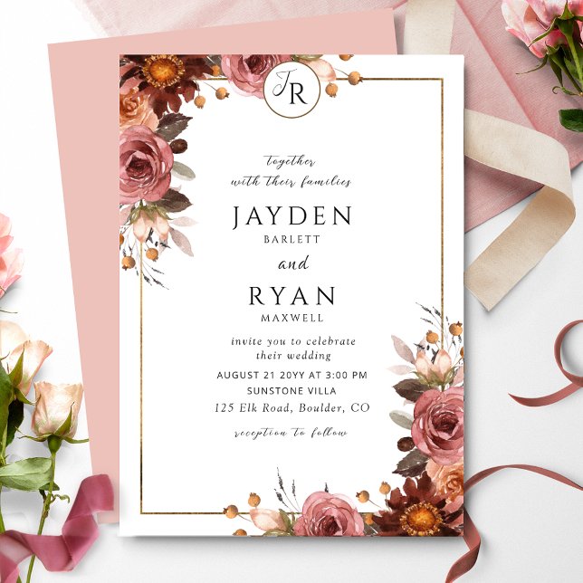 Elegant Monogram Burgundy and Blush Pink Wedding Inbjudningar (Skapare uppladdad)