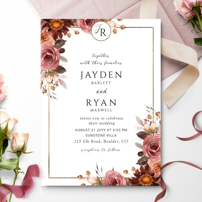 Elegant Monogram Burgundy and Blush Wedding Inbjudningar (Skapare uppladdad)