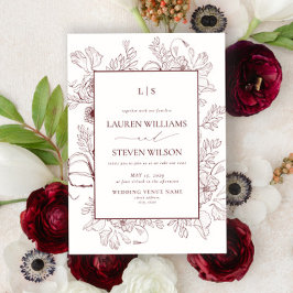 Elegant Monogram Burgundy Blommigt Line Art Bröllo Inbjudningar