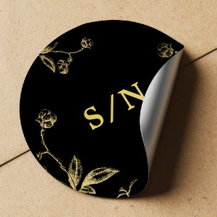 Elegant, monogram chic, modern svart bröllop i gul runt klistermärke