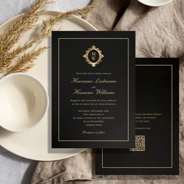 Elegant Monogram Classy Black Guld QR Code Bröllop Inbjudningar (Skapare uppladdad)