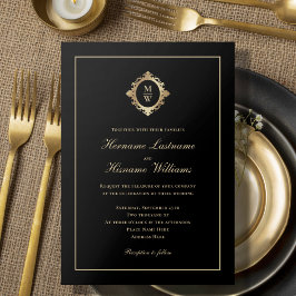 Elegant Monogram Classy Classic Black Guld Bröllop Inbjudningar