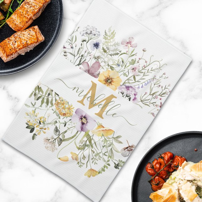 Elegant Monogram Colorful Wildblommor Garden Blomm Kökshandduk (In situ)