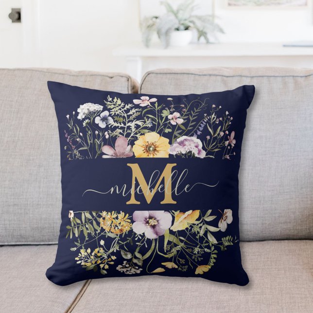 Elegant Monogram Colorful Wildblommor Garden Blomm Kudde (In situ)