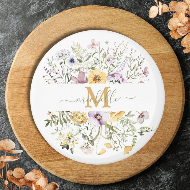 Elegant Monogram Colorful Wildblommor Garden Blomm Magnet (Close up)
