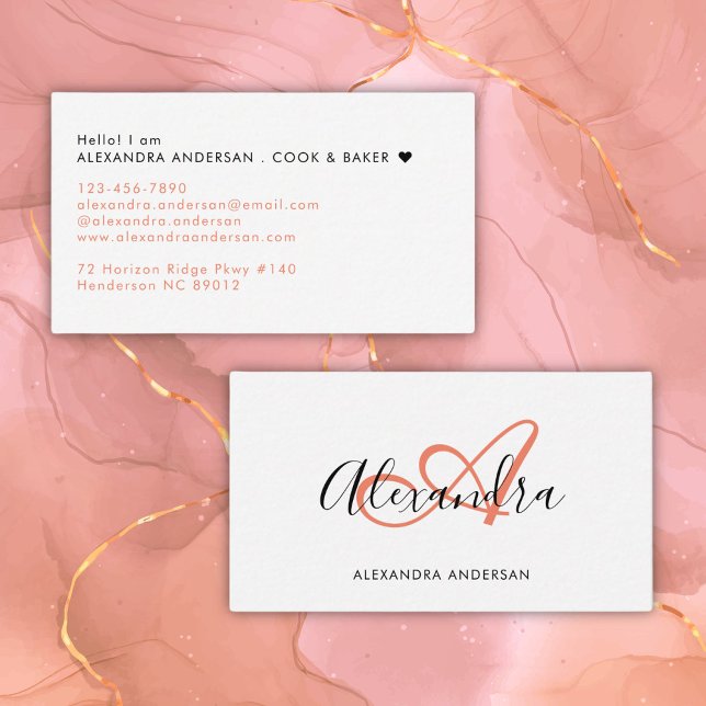 Elegant Monogram Coral Rosa Black Script Namn Visitkort (Elegant Monogram Coral Pink Black Script Name Business Card)