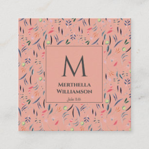 Elegant MONOGRAM Coral Rosa Blommigt Fyrkantigt Visitkort