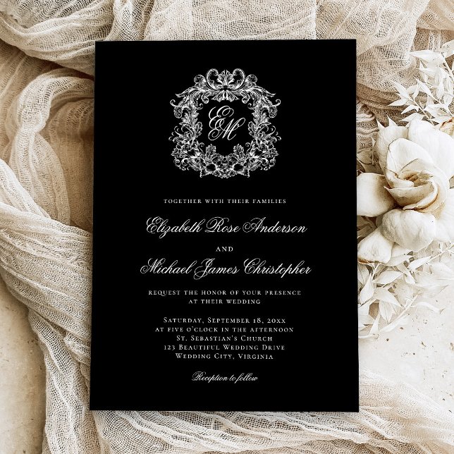 Elegant Monogram Crest Black Wedding Inbjudningar (Skapare uppladdad)