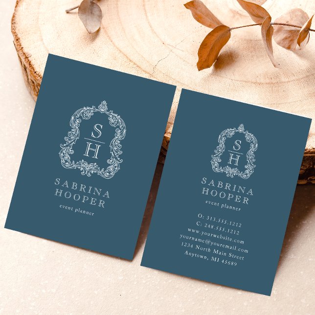 Elegant Monogram Crest Event Planner Indigo Blå Visitkort (Skapare uppladdad)