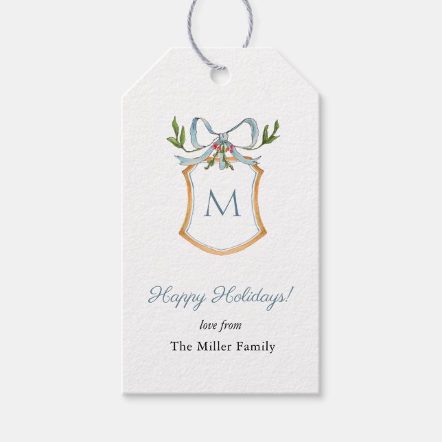 Elegant Monogram crest Happy Holidays  Presentetikett (Framsidan)