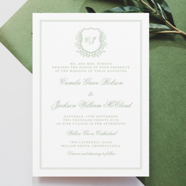 Elegant Monogram Crest Sage Green Wedding Inbjudningar (Skapare uppladdad)