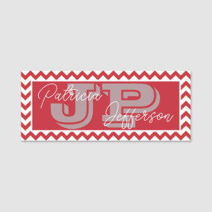 Elegant Monogram Crimson Red Chevron: Professionel Namnbricka