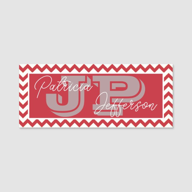Elegant Monogram Crimson Red Chevron: Professionel Namnbricka (Framsida)
