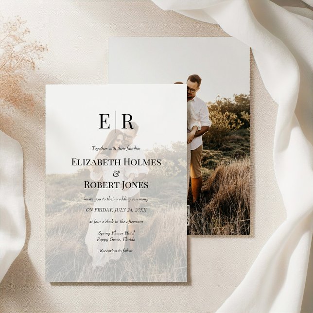 Elegant Monogram Custom Photo QR Code Wedding  Inbjudningar (Elegant Monogram Custom Photo QR Code Wedding Invitation on an elegant silky tablecloth)