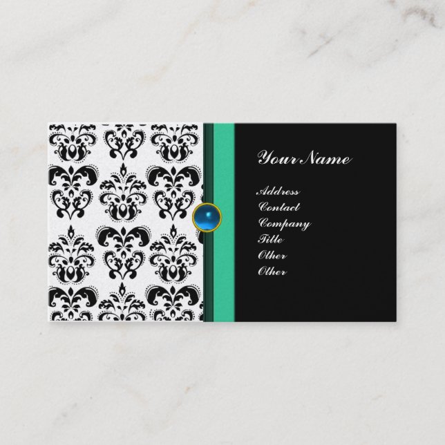 ELEGANT MONOGRAM DAMASK, svart safir platina Visitkort (Framsida)
