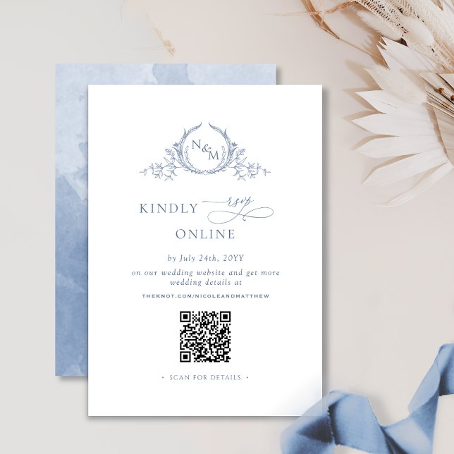 Elegant Monogram Dammig Blå QR-kod Bröllop RSVP Tilläggskort (Skapare uppladdad)