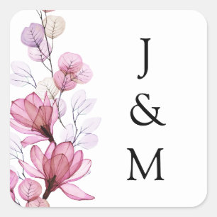 Elegant Monogram Dammros Floral Bröllop Fyrkantigt Klistermärke