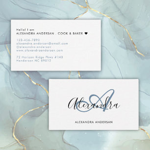 Elegant Monogram Dusty Blue Black Script Namn Visitkort