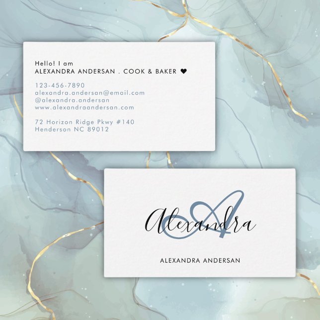 Elegant Monogram Dusty Blue Black Script Namn Visitkort (Elegant Monogram Dusty Blue Black Script Name Business Card)