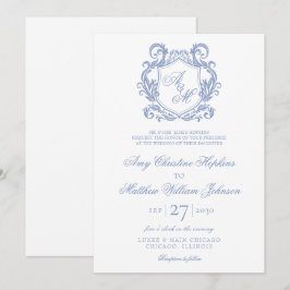 Elegant Monogram Dusty Blue Crest Bröllop Inbjudningar