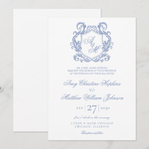 Elegant Monogram Dusty Blue Crest Bröllop Inbjudningar