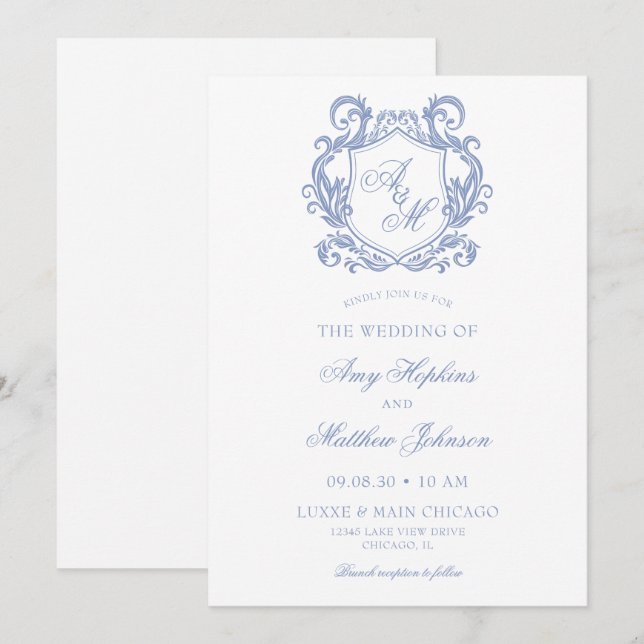 Elegant Monogram Dusty Blue Crest Bröllop Inbjudningar (Fram/baksida)