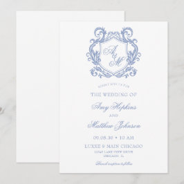 Elegant Monogram Dusty Blue Crest Bröllop Inbjudningar
