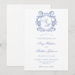 Elegant Monogram Dusty Blue Crest Bröllop Inbjudningar