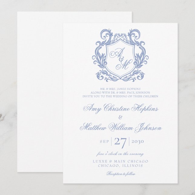 Elegant Monogram Dusty Blue Crest Bröllop Inbjudningar (Fram/baksida)