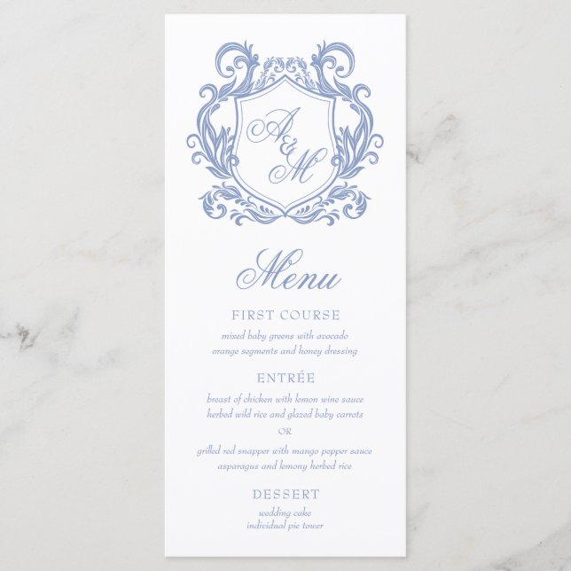 Elegant Monogram Dusty Blue Crest Bröllop Meny (Framsida)
