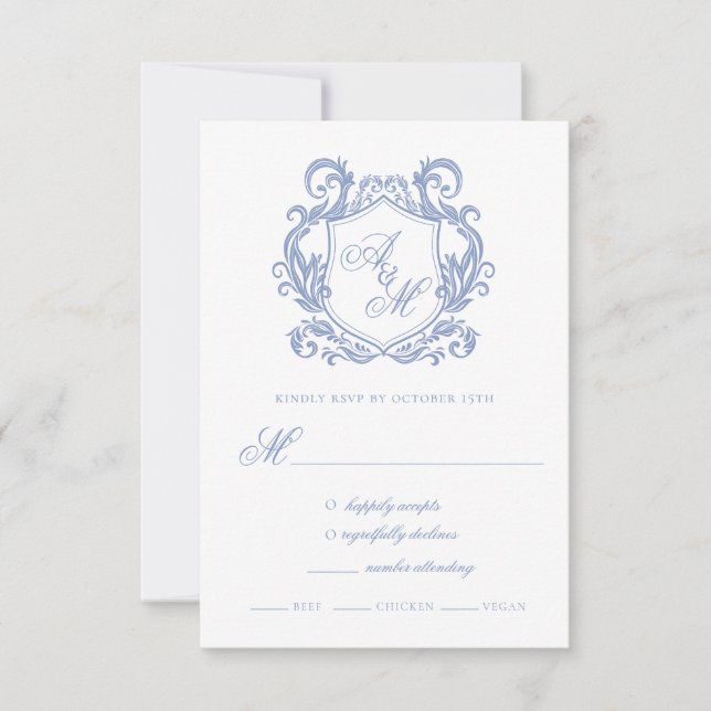 Elegant Monogram Dusty Blue Crest Bröllop OSA Kort (Framsida)