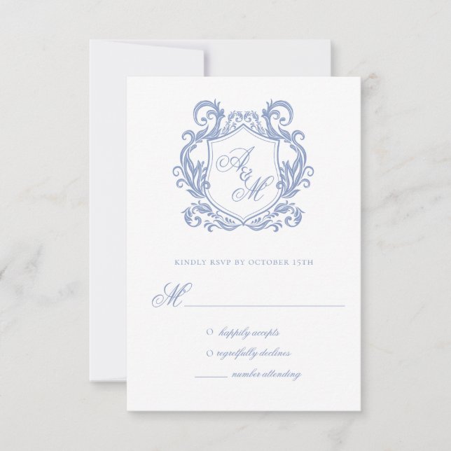 Elegant Monogram Dusty Blue Crest Bröllop OSA Kort (Framsida)