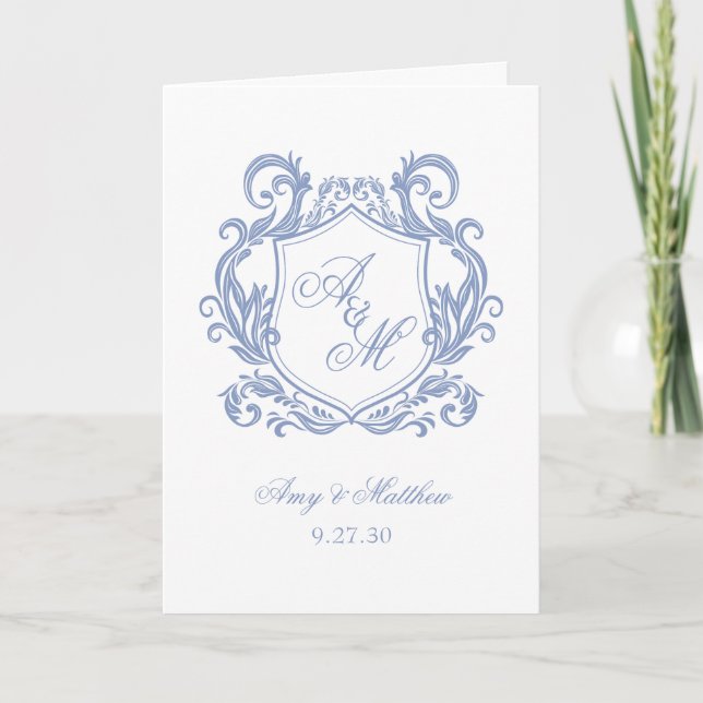 Elegant Monogram Dusty Blue Crest Bröllop Program (Framsida)
