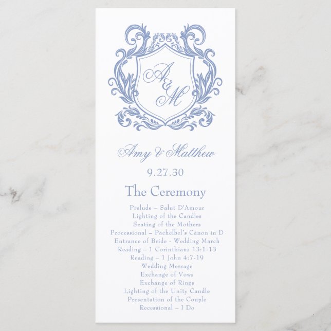 Elegant Monogram Dusty Blue Crest Bröllop Program (Framsida)