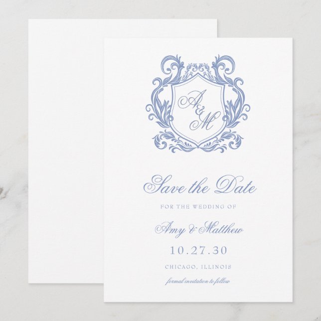Elegant Monogram Dusty Blue Crest Bröllop Spara Datumet (Fram/baksida)