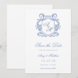 Elegant Monogram Dusty Blue Crest Bröllop Spara Datumet