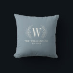 Elegant monogram Dusty Blue familjenamn Kudde<br><div class="desc">Denna blå och vita kastkudde är dekorerad med en lagerbladmonogram och ditt namn och bröllopsdatum. Ett mysigt tillskott till din heminredning. Gör en bra för bröllop och årsdagar. Personifiera den med din initial,  namn och bröllopsdatum. Finns i en mängd olika färger. Designad för dig av blackberry Boulevard.</div>