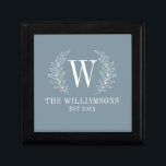 Elegant Monogram Dusty Blue Family Namn Minnesask<br><div class="desc">Den här dammiga blå och vita presentlådan är dekorerad med ett lagermonogram för löv och ditt namn och bröllop datum. Underbaren för bröllop och jubileumsgåvor. Anpassa den med ditt första datum,  namn och bröllop. Kommer i en mängd färg. Designad för dig genom svartberget Boulevard.</div>