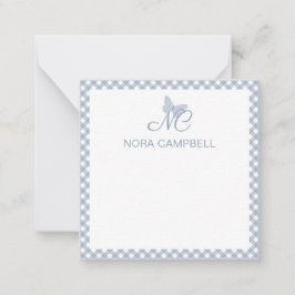Elegant Monogram Dusty Blue Gingham Personlig Anteckningskort