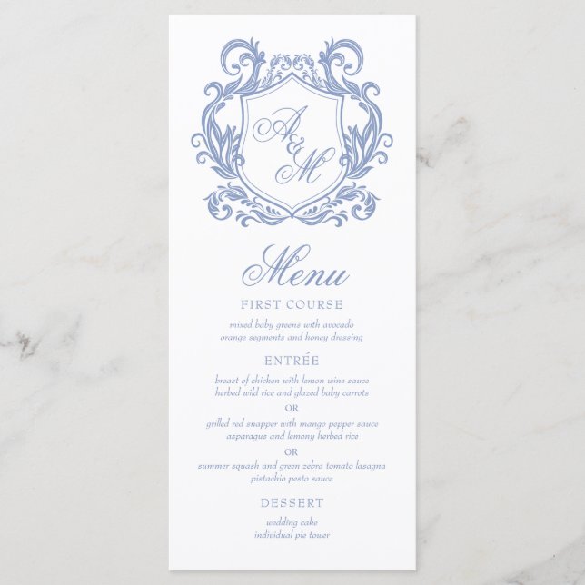 Elegant Monogram Dusty Blue Vapenbröllop Meny (Framsida)