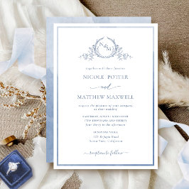 Elegant Monogram Dusty Blue Watercolor Bröllop Inbjudningar